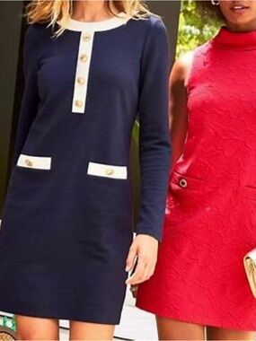 Lilly Pulitzer Kennedy Navy Long-Sleeve Shift Dress with White Trim Medium-NWT